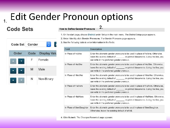 1. Edit Gender Pronoun options 2. 