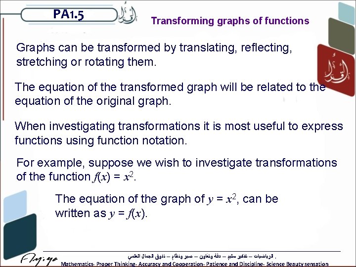 PA 1. 5 Transforming graphs of functions Graphs can be transformed by translating, reflecting,