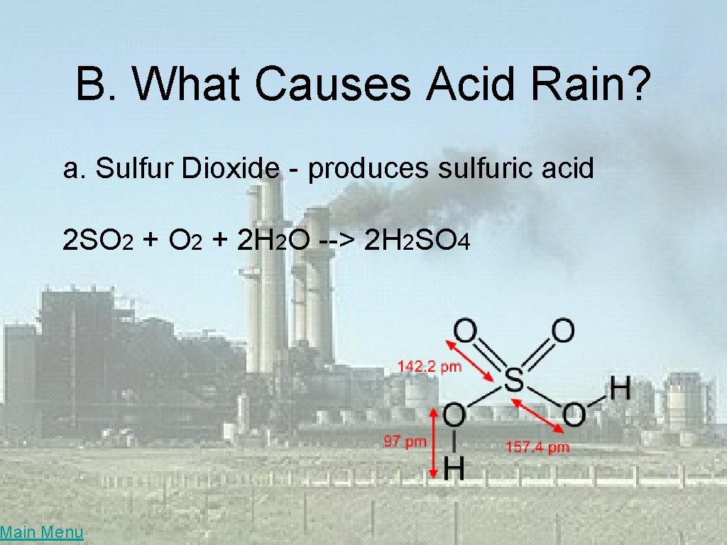 B. What Causes Acid Rain? a. Sulfur Dioxide - produces sulfuric acid 2 SO