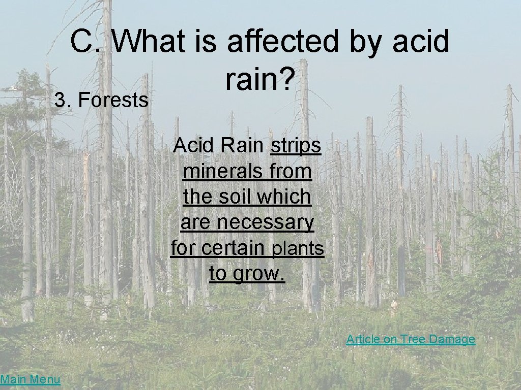 C. What is affected by acid rain? 3. Forests Main Menu Acid Rain strips