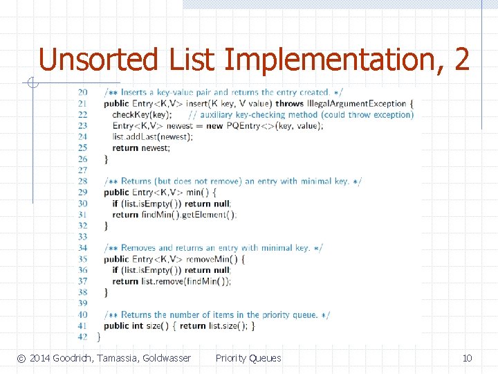 Unsorted List Implementation, 2 © 2014 Goodrich, Tamassia, Goldwasser Priority Queues 10 