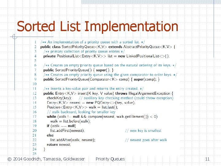 Sorted List Implementation © 2014 Goodrich, Tamassia, Goldwasser Priority Queues 11 