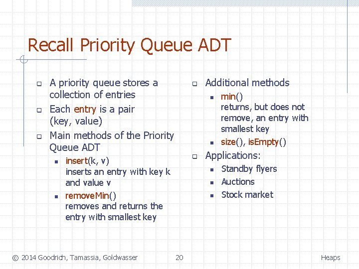 Recall Priority Queue ADT q q q A priority queue stores a collection of