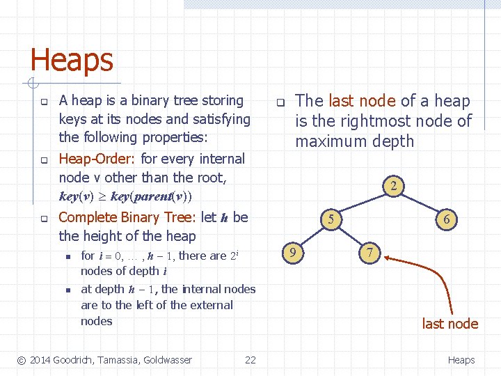Heaps q q q A heap is a binary tree storing keys at its