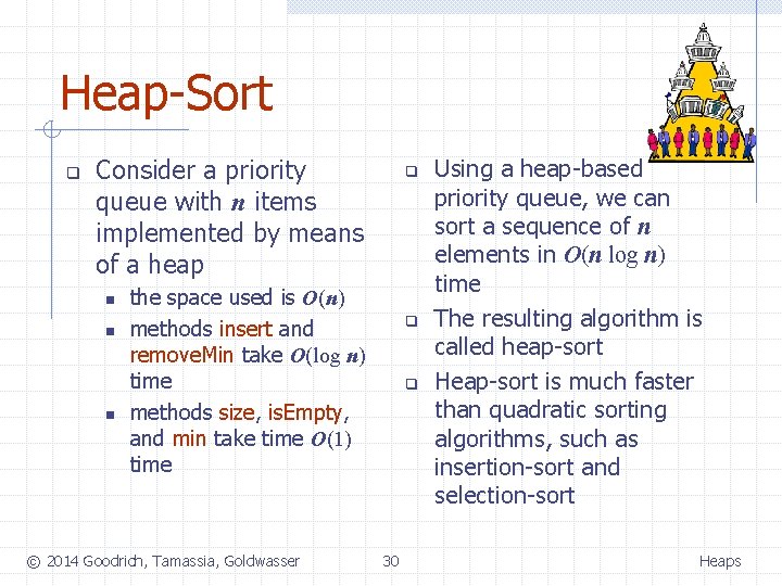 Heap-Sort q Consider a priority queue with n items implemented by means of a
