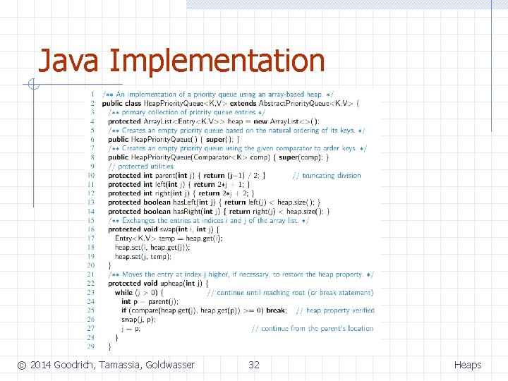 Java Implementation © 2014 Goodrich, Tamassia, Goldwasser 32 Heaps 