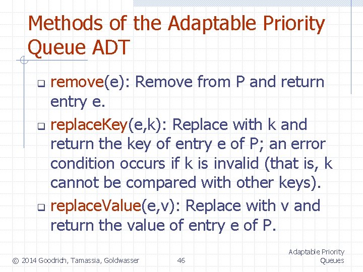 Methods of the Adaptable Priority Queue ADT remove(e): Remove from P and return entry