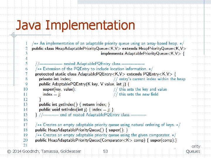 Java Implementation © 2014 Goodrich, Tamassia, Goldwasser 53 Adaptable Priority Queues 