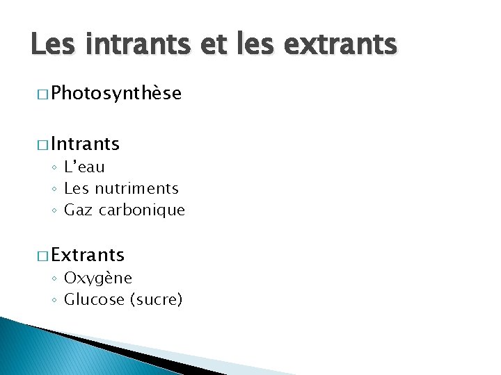 Les intrants et les extrants � Photosynthèse � Intrants ◦ L’eau ◦ Les nutriments