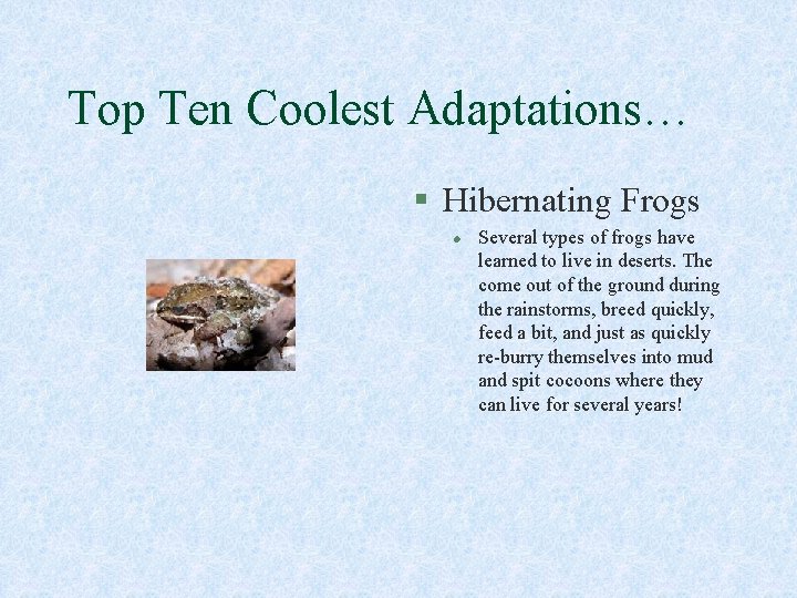 Top Ten Coolest Adaptations… § Hibernating Frogs l Several types of frogs have learned