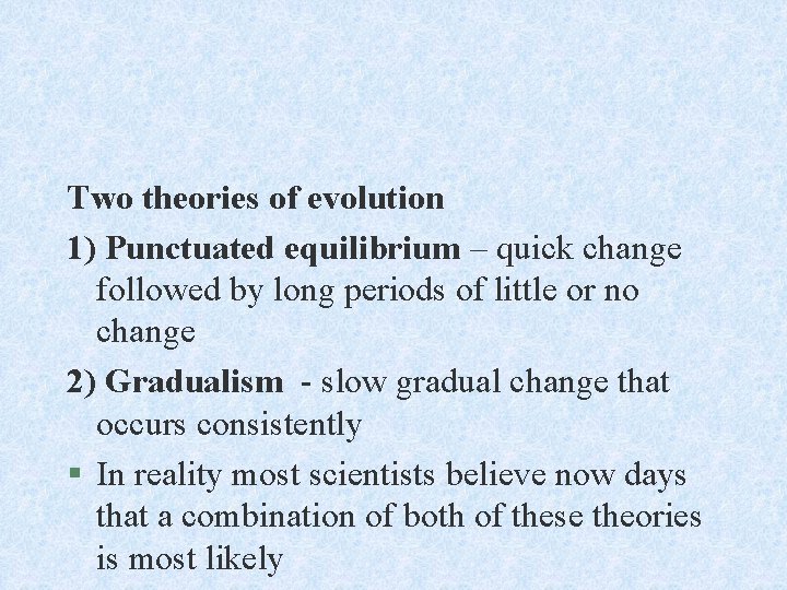 Two theories of evolution 1) Punctuated equilibrium – quick change followed by long periods