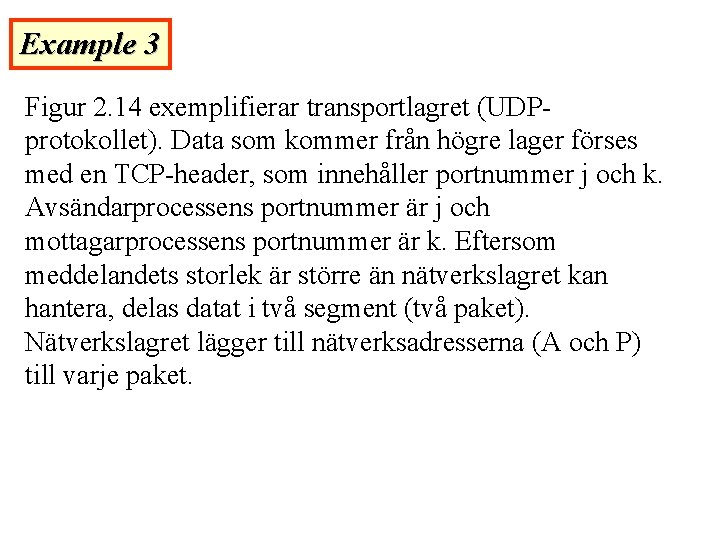 Example 3 Figur 2. 14 exemplifierar transportlagret (UDPprotokollet). Data som kommer från högre lager