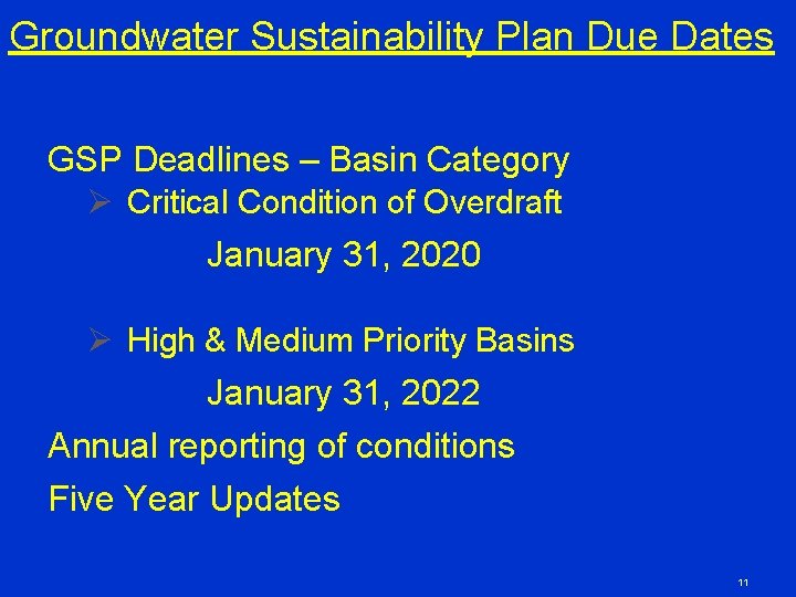 Groundwater Sustainability Plan Due Dates GSP Deadlines – Basin Category Ø Critical Condition of