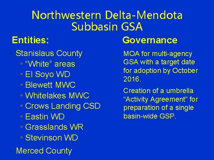 Northwestern Delta-Mendota Subbasin GSA Entities: • Stanislaus County ▪ “White” areas ▪ El Soyo