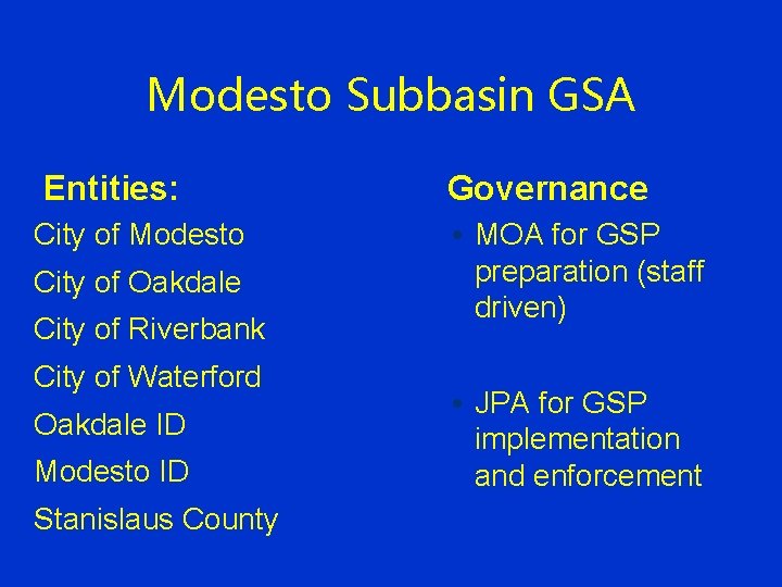 Modesto Subbasin GSA Entities: City of Modesto City of Oakdale City of Riverbank City