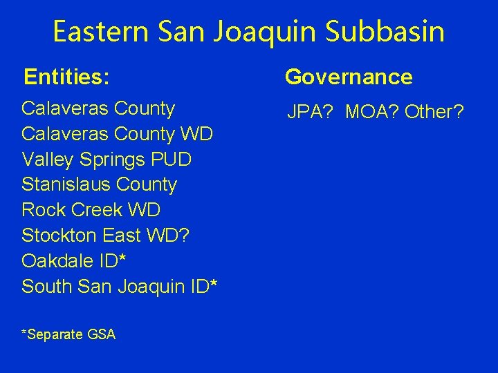 Eastern San Joaquin Subbasin Entities: Governance Calaveras County WD Valley Springs PUD Stanislaus County