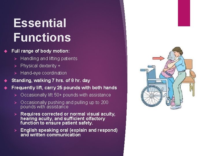 Essential Functions Full range of body motion: Ø Handling and lifting patients Ø Physical