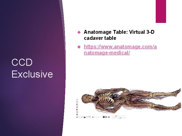 CCD Exclusive Anatomage Table: Virtual 3 -D cadaver table https: //www. anatomage. com/a natomage-medical/