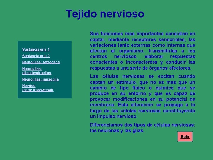 Tejido nervioso Sustancia gris 1 Sustancia gris 2 Neuroglias: astrocitos Neuroglias: oligodendrocitos Neuroglias: microglia