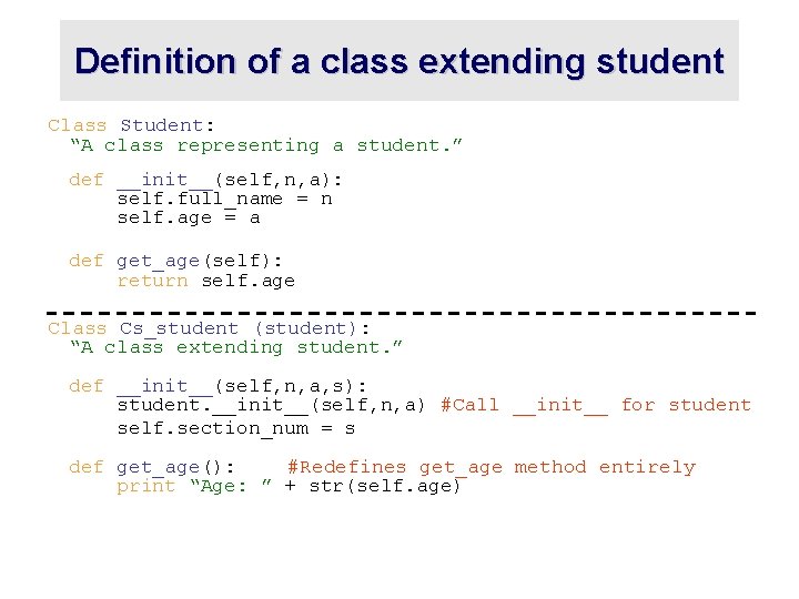 Definition of a class extending student Class Student: “A class representing a student. ”