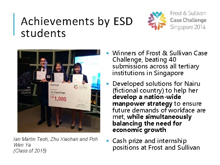 Achievements by ESD students § Winners of Frost & Sullivan Case Challenge, beating 40