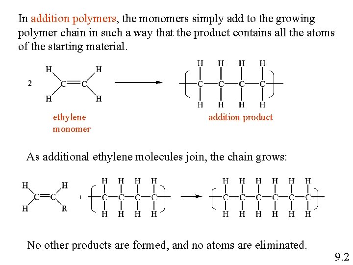 In addition polymers, the monomers simply add to the growing polymer chain in such In addition polymers, the monomers simply add to the growing polymer chain in such