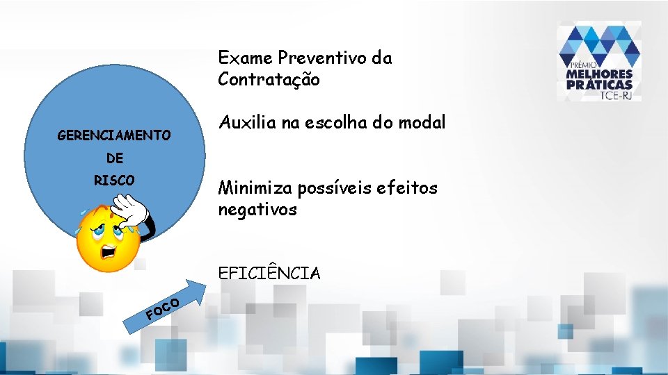 Exame Preventivo da Contratação GERENCIAMENTO Auxilia na escolha do modal DE RISCO Minimiza possíveis