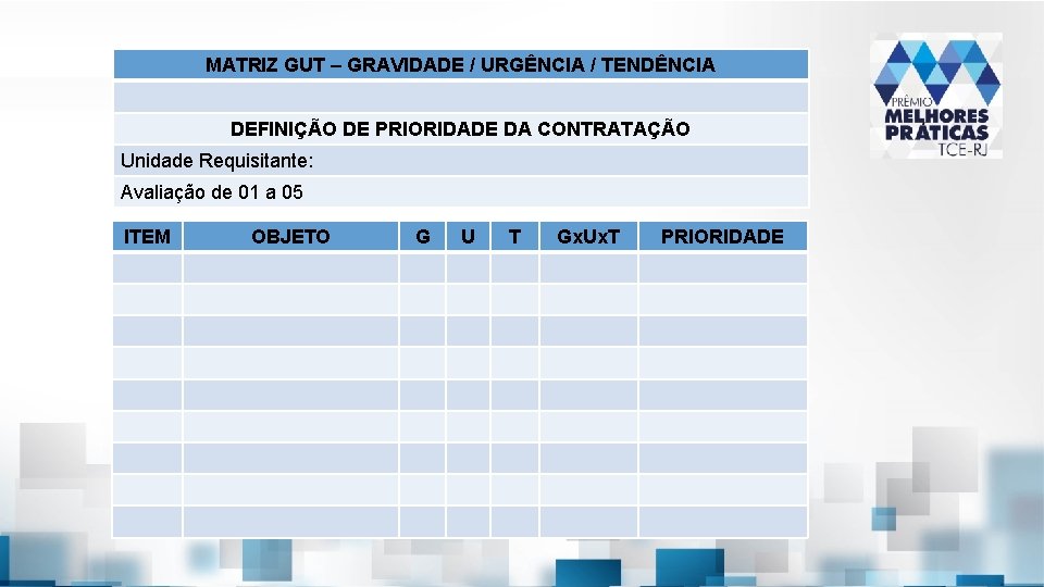 MATRIZ GUT – GRAVIDADE / URGÊNCIA / TENDÊNCIA DEFINIÇÃO DE PRIORIDADE DA CONTRATAÇÃO Unidade