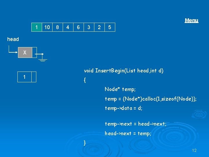 Menu 1 10 8 4 6 3 2 5 head X void Insert. Begin(List