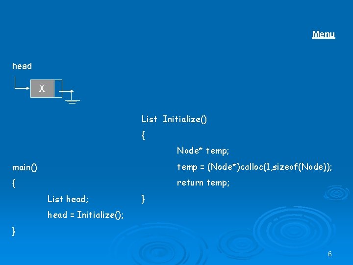 Menu head X List Initialize() { Node* temp; main() temp = (Node*)calloc(1, sizeof(Node)); {