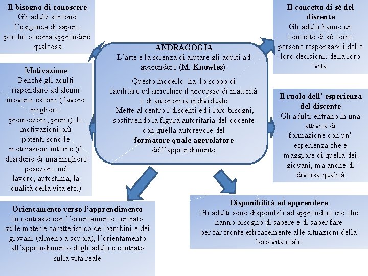 Il bisogno di conoscere Gli adulti sentono l’esigenza di sapere perché occorra apprendere qualcosa