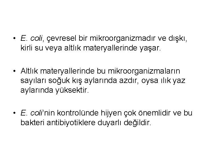  • E. coli, çevresel bir mikroorganizmadır ve dışkı, kirli su veya altlık materyallerinde