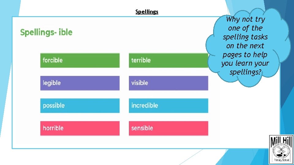 Spellings Why not try one of the spelling tasks on the next pages to