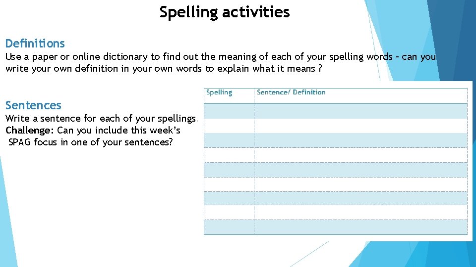 Spelling activities Definitions Use a paper or online dictionary to find out the meaning