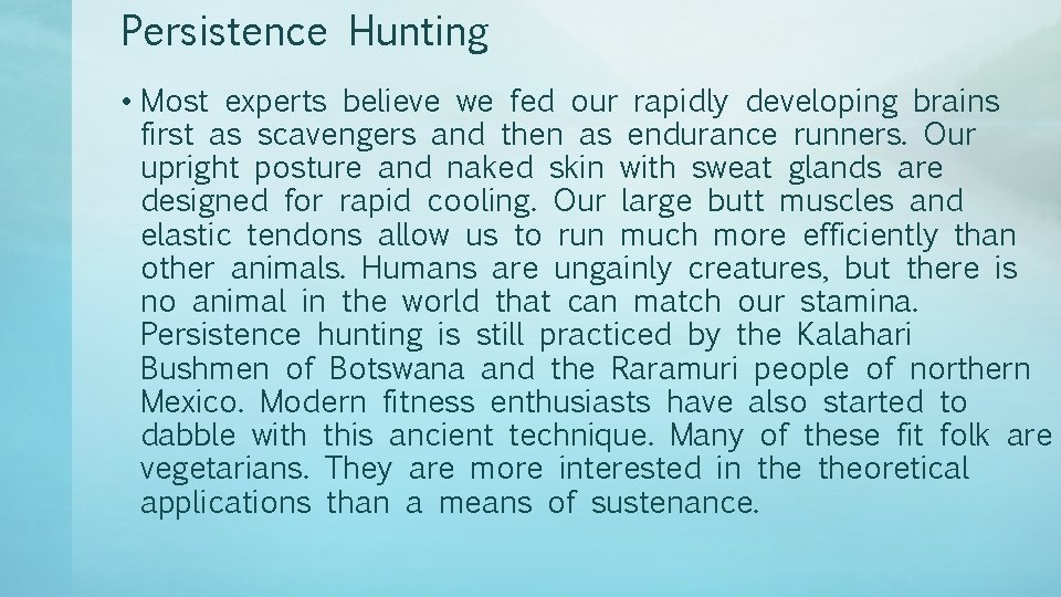 Persistence Hunting • Most experts believe we fed our rapidly developing brains first as