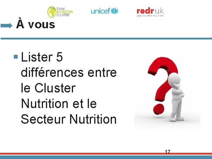 À vous § Lister 5 différences entre le Cluster Nutrition et le Secteur Nutrition