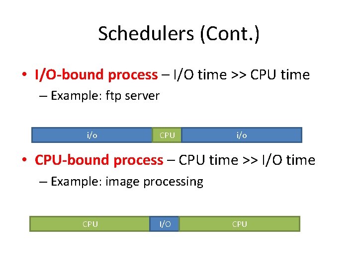 Schedulers (Cont. ) • I/O-bound process – I/O time >> CPU time – Example: