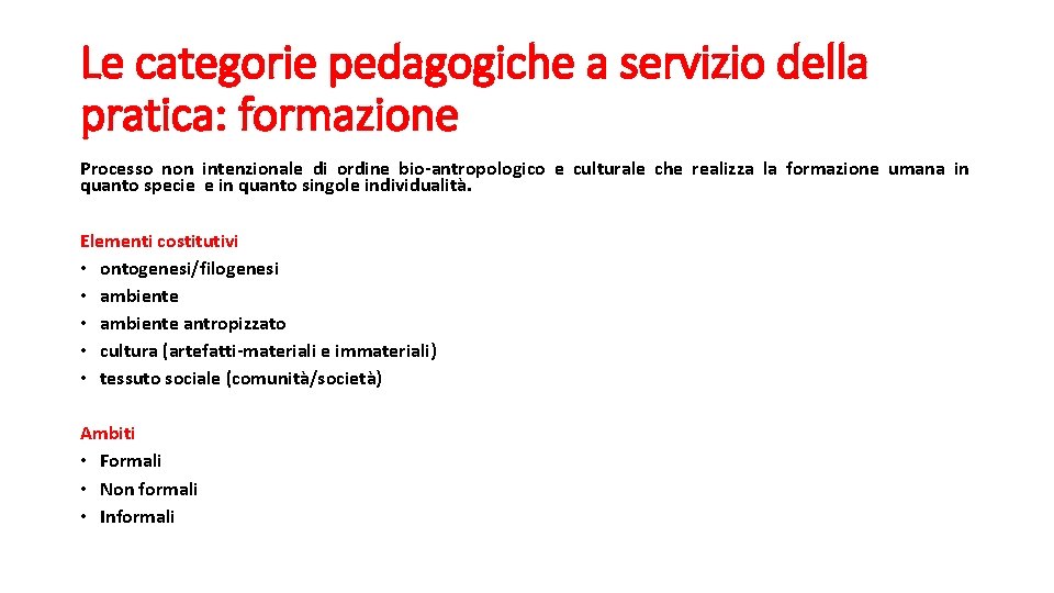 Le categorie pedagogiche a servizio della pratica: formazione Processo non intenzionale di ordine bio-antropologico