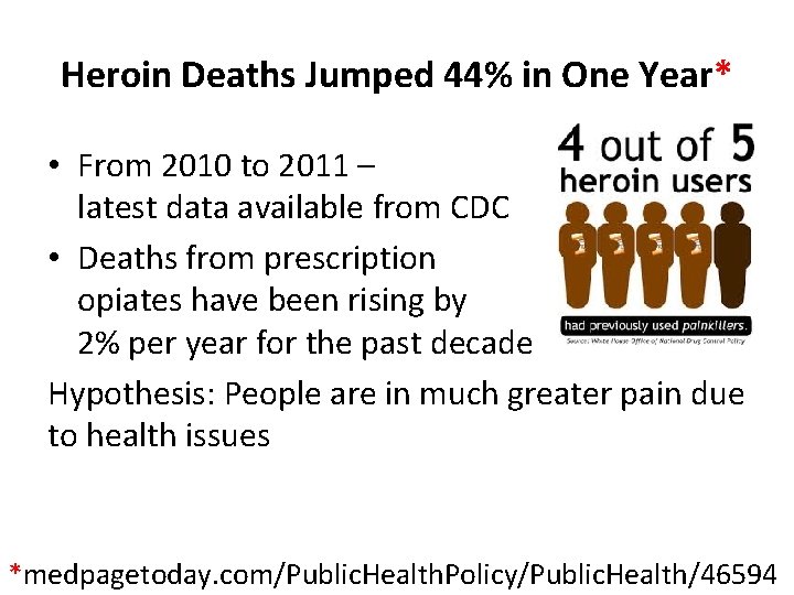 Heroin Deaths Jumped 44% in One Year* • From 2010 to 2011 – latest