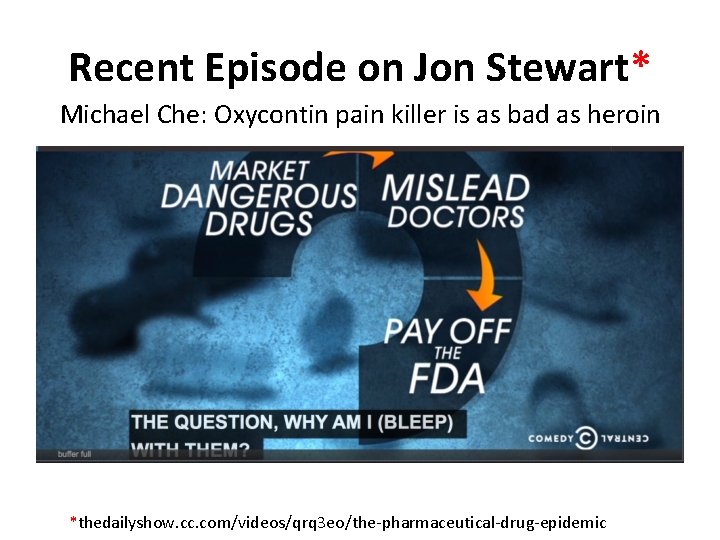 Recent Episode on Jon Stewart* Michael Che: Oxycontin pain killer is as bad as