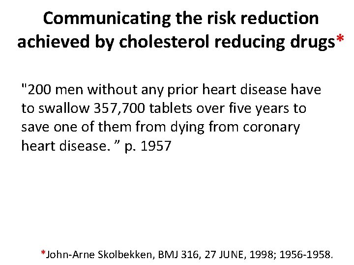 Communicating the risk reduction achieved by cholesterol reducing drugs* "200 men without any prior