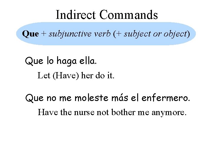 Indirect Commands Que + subjunctive verb (+ subject or object) Que lo haga ella.