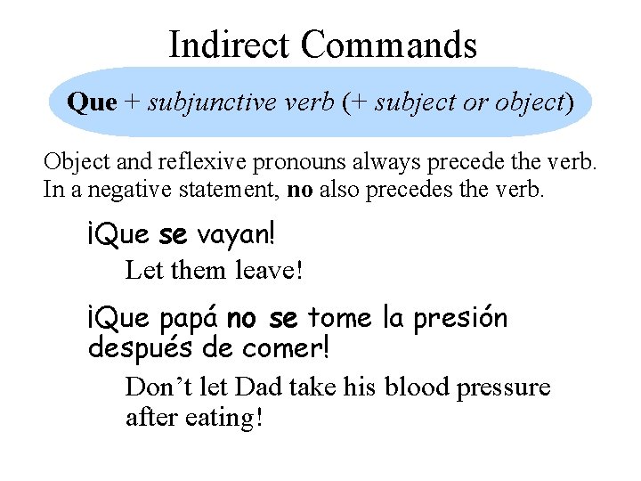 Indirect Commands Que + subjunctive verb (+ subject or object) Object and reflexive pronouns