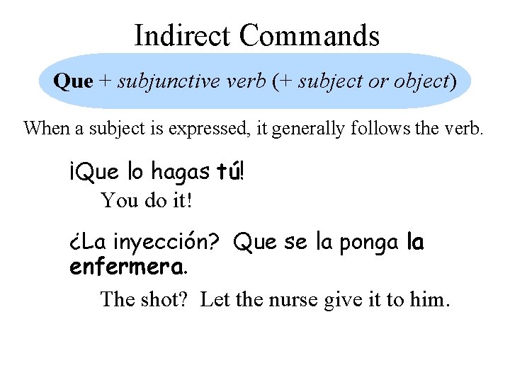 Indirect Commands Que + subjunctive verb (+ subject or object) When a subject is
