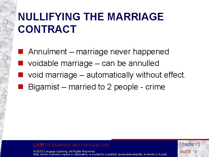 NULLIFYING THE MARRIAGE CONTRACT n n Annulment – marriage never happened voidable marriage –