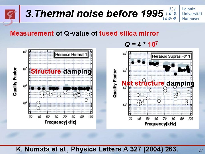 3. Thermal noise before 1995 Measurement of Q-value of fused silica mirror Q =