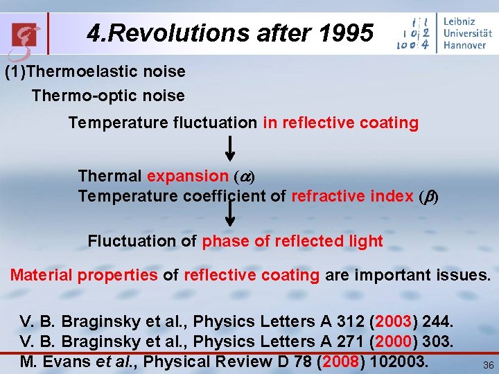 4. Revolutions after 1995 (1)Thermoelastic noise Thermo-optic noise Temperature fluctuation in reflective coating Thermal