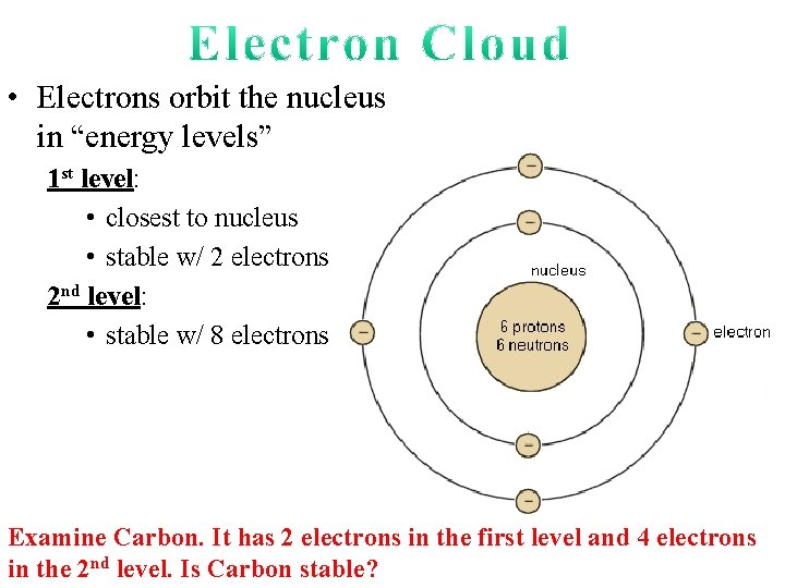  • Electrons orbit the nucleus in “energy levels” 1 st level: • closest