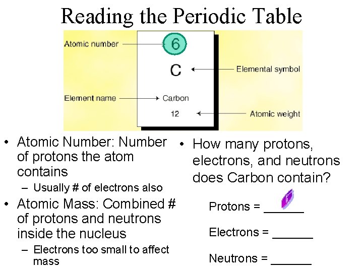 Reading the Periodic Table • Atomic Number: Number • How many protons, of protons