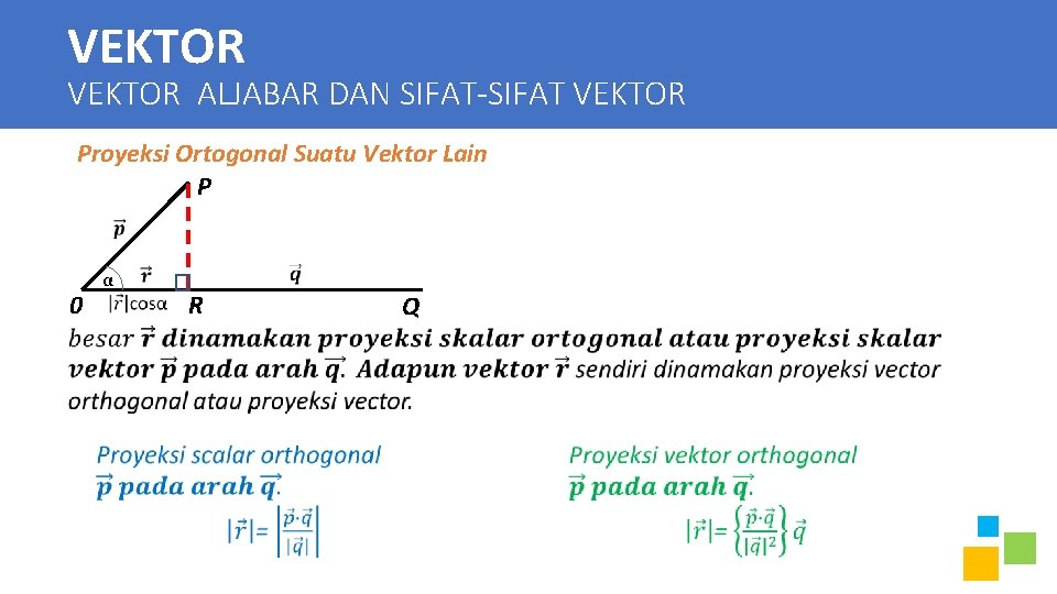 VEKTOR ALJABAR DAN SIFAT-SIFAT VEKTOR Proyeksi Ortogonal Suatu Vektor Lain P 0 α R